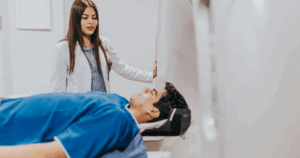 Patient undergoing MRI scan for back pain diagnosis